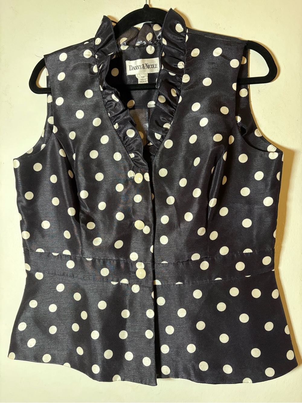 Danny & Nicole Black and White Polka Dot Sleeveless Ruffle Blouse